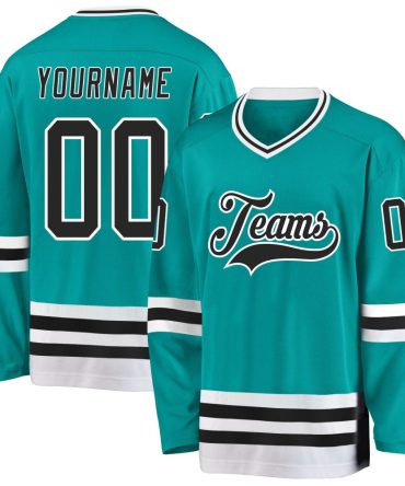 Custom Aqua Black-White Hockey Jersey, Gift For Hockey Fans