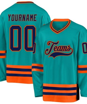 Custom Aqua Navy-Orange Hockey Jersey, Gift For Hockey Fans