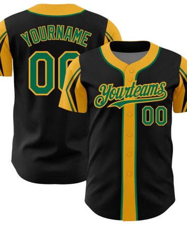 Custom Black Kelly Green-Gold 3 Colors Arm Shapes Baseball Jersey, Gift For Baseball Fans
