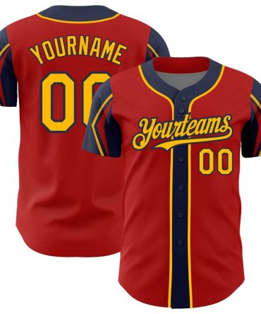 Custom Red Gold-Navy 3 Colors Arm Shapes Baseball Jersey, Gift For Baseball Fans
