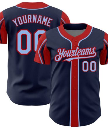 Custom Navy Light Blue-Red 3 Colors Arm Shapes Baseball Jersey, Gift For Baseball Fans