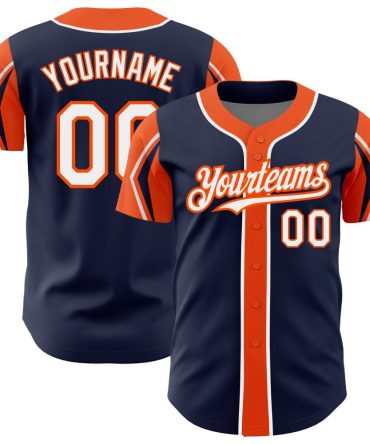 Custom Navy White-Orange 3 Colors Arm Shapes Baseball Jersey, Gift For Baseball Fans