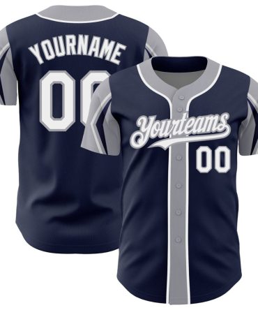 Custom Navy White-Gray 3 Colors Arm Shapes Baseball Jersey, Gift For Baseball Fans