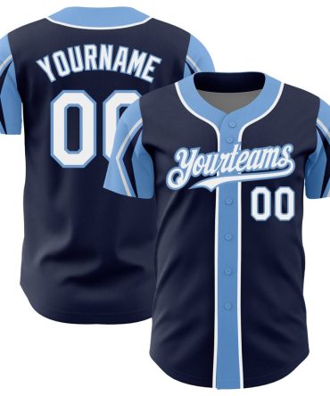 Custom Navy White-Light Blue 3 Colors Arm Shapes Baseball Jersey, Gift For Baseball Fans