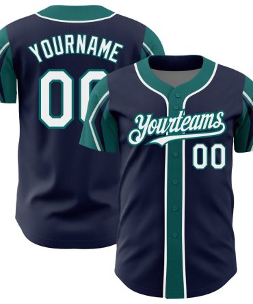 Custom Navy White-Teal 3 Colors Arm Shapes Baseball Jersey, Gift For Baseball Fans
