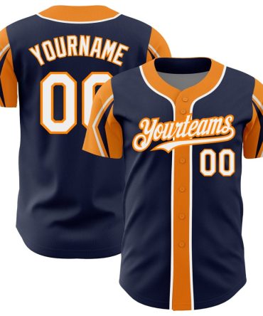 Custom Navy White-Bay Orange 3 Colors Arm Shapes Baseball Jersey, Gift For Baseball Fans