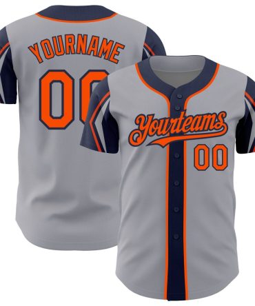 Custom Gray Orange-Navy 3 Colors Arm Shapes Baseball Jersey, Gift For Baseball Fans