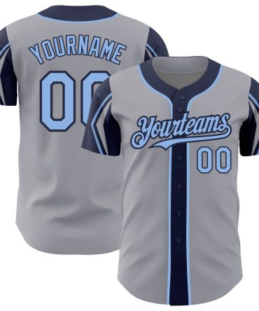 Custom Gray Light Blue-Navy 3 Colors Arm Shapes Baseball Jersey, Gift For Baseball Fans