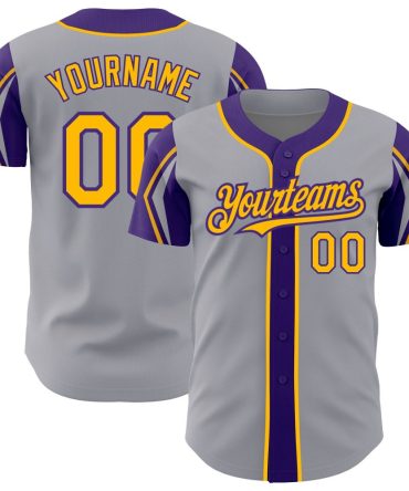 Custom Gray Gold-Purple 3 Colors Arm Shapes Baseball Jersey, Gift For Baseball Fans