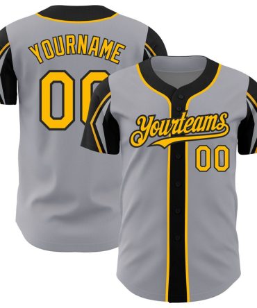 Custom Gray Gold-Black 3 Colors Arm Shapes Baseball Jersey, Gift For Baseball Fans
