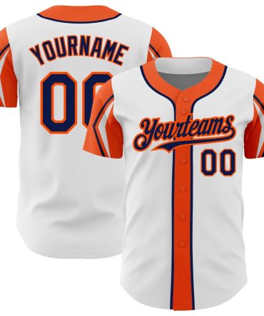 Custom White Navy-Orange 3 Colors Arm Shapes Baseball Jersey, Gift For Baseball Fans