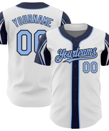 Custom White Light Blue-Navy 3 Colors Arm Shapes Baseball Jersey, Gift For Baseball Fans