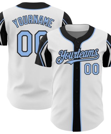 Custom White Light Blue-Black 3 Colors Arm Shapes Baseball Jersey, Gift For Baseball Fans