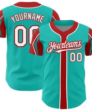 Custom Aqua White-Red 3 Colors Arm Shapes Baseball Jersey, Gift For Baseball Fans