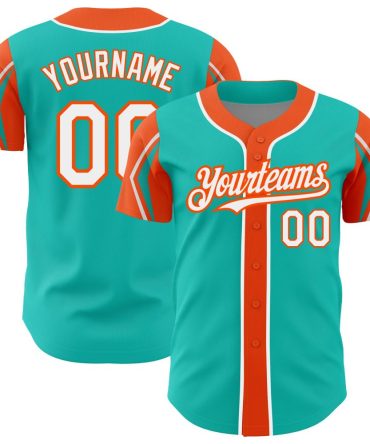 Custom Aqua White-Orange 3 Colors Arm Shapes Baseball Jersey, Gift For Baseball Fans