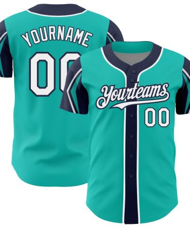 Custom Aqua White-Navy 3 Colors Arm Shapes Baseball Jersey, Gift For Baseball Fans