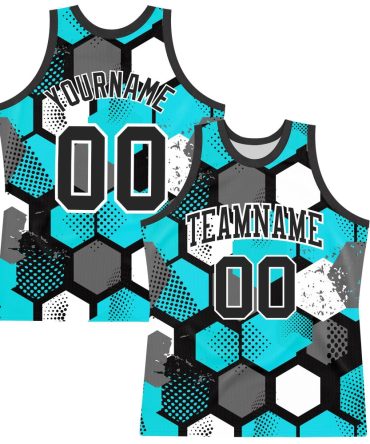 Custom Aqua Black-White Geometric Shape Round Neck Basketball Jersey, Gift For Basketball Fans