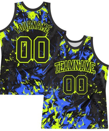 Custom Black Neon Green-Royal Splash Round Neck Basketball Jersey, Gift For Basketball Fans
