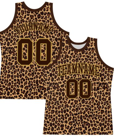 Custom Brown Old Gold Leopard Print Round Neck Basketball Jersey, Gift For Basketball Fans