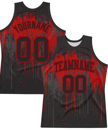 Custom Black Red Dripping Splatter Art Round Neck Basketball Jersey, Gift For Basketball Fans