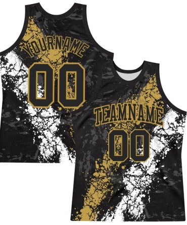 Custom Black Old Gold-White Splash Round Neck Basketball Jersey, Gift For Basketball Fans