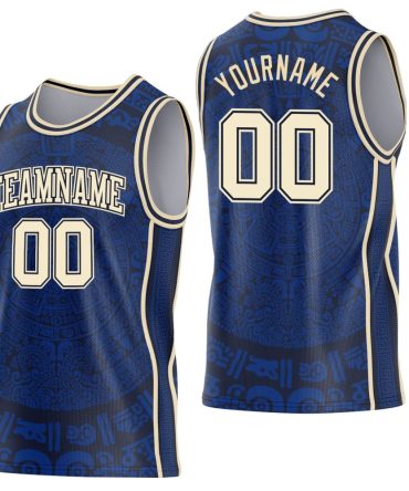 Custom Royal Cream-Navy Tribal Ethnic Aztec Sun Stone Side Panel Stripe Round Neck Basketball Jersey, Gift For Basketball Fans