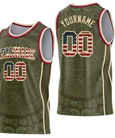 Custom Olive Vintage Usa Flag Cream-Maroon Tribal Ethnic Aztec Sun Stone Side Panel Stripe Round Neck Basketball Jersey, Gift For Basketball Fans