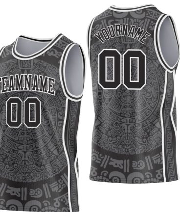 Custom Black-White Tribal Ethnic Aztec Sun Stone Side Panel Stripe Round Neck Basketball Jersey, Gift For Basketball Fans