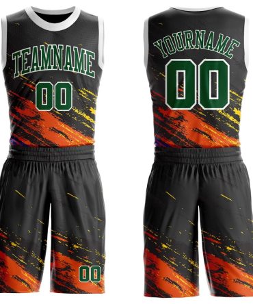 Custom Black Green Orange Yellow-White Brush Stroke Paint Splash Round Neck Basketball Uniform Jersey, Gift For Basketball Fans