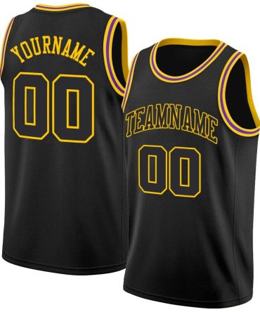 Custom Black Black-Gold Round Neck Rib-Knit Basketball Jersey, Gift For Basketball Fans