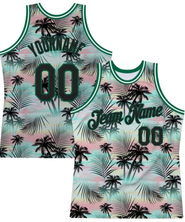 Custom Black Black-Kelly Green 3D Pattern Tropical Hawaii Palm Leaves Basketball Jersey, Gift For Basketball Fans