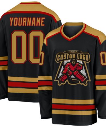Custom Black Old Gold-Red Hockey Jersey, Gift For Hockey Fans