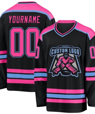 Custom Black Pink-Light Blue Hockey Jersey, Gift For Hockey Fans