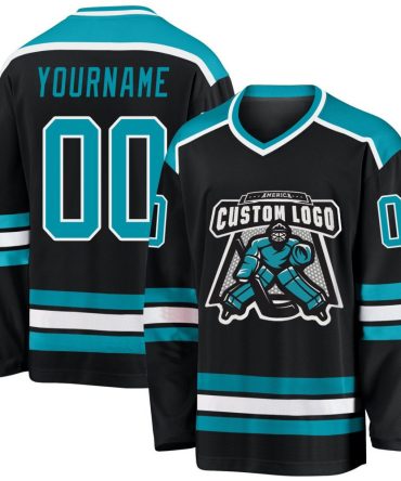 Custom Black Teal-White Hockey Jersey, Gift For Hockey Fans