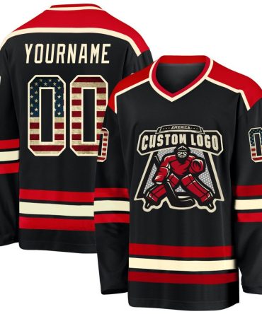 Custom Black Vintage Usa Flag Cream-Red Hockey Jersey, Gift For Hockey Fans
