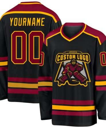 Custom Black Maroon-Gold Hockey Jersey, Gift For Hockey Fans