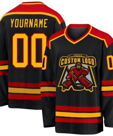 Custom Black Gold-Red Hockey Jersey, Gift For Hockey Fans
