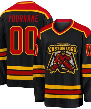 Custom Black Red-Gold Hockey Jersey, Gift For Hockey Fans