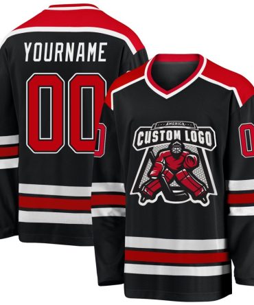 Custom Black Red-White Hockey Jersey, Gift For Hockey Fans