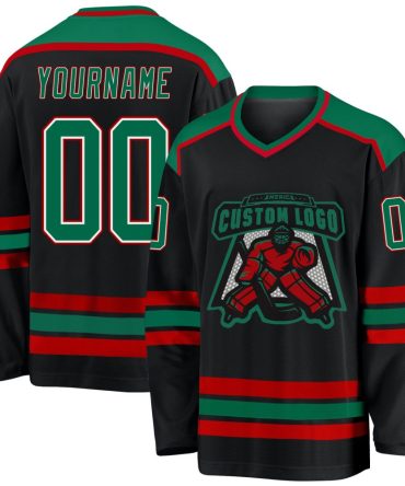 Custom Black Kelly Green White-Red Hockey Jersey, Gift For Hockey Fans