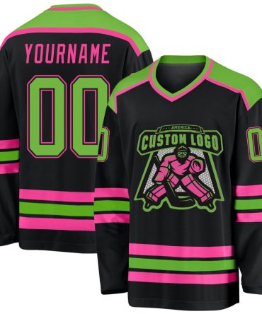 Custom Black Neon Green-Pink Hockey Jersey, Gift For Hockey Fans