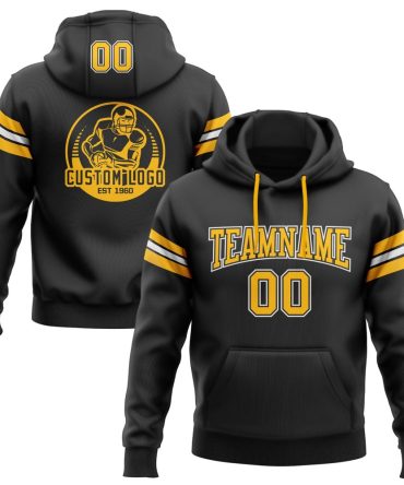 Custom Black Gold-White Football Pullover Sweatshirt Hoodie, Gift For Football, Baseball, Hockey, Basketball, Softball & Rugby Fans