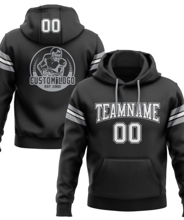 Custom Black White-Gray Football Pullover Sweatshirt Hoodie, Gift For Football, Baseball, Hockey, Basketball, Softball & Rugby Fans