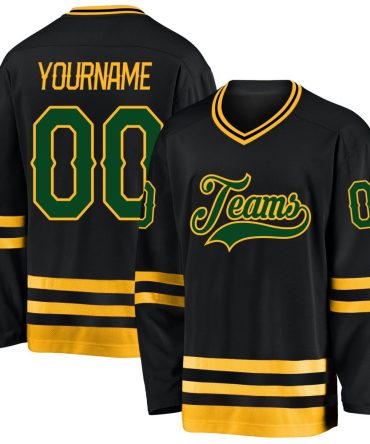 Custom Black Green-Gold Hockey Jersey, Gift For Hockey Fans