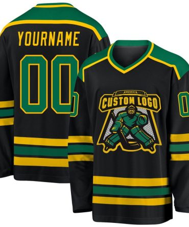 Custom Black Kelly Green-Gold Hockey Jersey, Gift For Hockey Fans