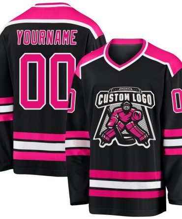 Custom Black Hot Pink-White Hockey Jersey, Gift For Hockey Fans