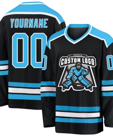 Custom Black Sky Blue-White Hockey Jersey, Gift For Hockey Fans