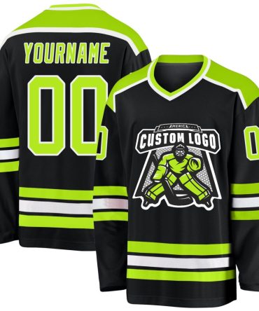 Custom Black Neon Green-White Hockey Jersey, Gift For Hockey Fans