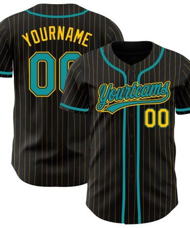 Custom Black Yellow Pinstripe Teal Baseball Jersey, Gift For Baseball Fans