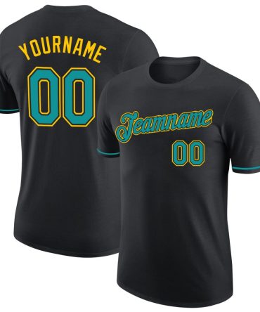 Custom Black Teal-Yellow Performance T-Shirt, For Football, Baseball, Hockey, Basketball, Softball & Rugby Fans